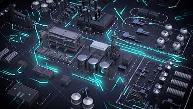 Schematic abstract view of refinery plant and electronic circuit board