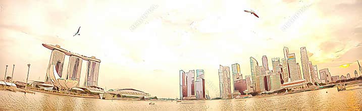 Illustration: Wide panorama of Singapore`s urban landscape, Singapore city skyline