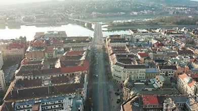 Budapest, Hungary - 4K aerial view of Grand Boulevard on a sunny afternoon flying towards Margaret island