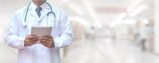 Telemedicine by medical doctor or physician consulting patient’s health telehealth online using mobile tablet in hospital