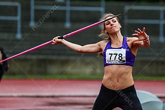 Regensburg, Germany - July 20, 2019: bavarian athletics championship, javelin throw