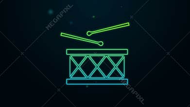 Glowing neon line Musical instrument drum and drum sticks icon isolated on black background. 4K Video motion graphic