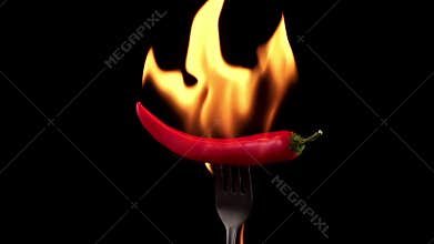 Hot red chili pepper on a fork in flames burn