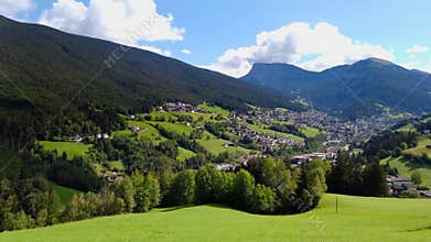 Panoramic view Ortisei St Ulrich, Dolomites Alps mountains, Italy