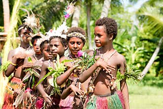 Schoolgirls celebrating national anthem on national independence day anniversary of Papua New Guinea, Kopar, Sepik River