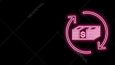 Glowing neon line Refund money icon isolated on black background. Financial services, cash back concept, money refund
