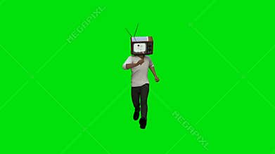 Casual man running with a TV head, against Green Screen