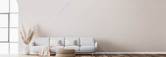 Scandinavian living room design with rattan table, pampas and white sofa on beige background