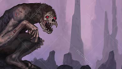 Animated digital painting of a creepy demon creature in an underground cave with glowing red eyes - digital fantasy illustration