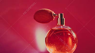 Vintage perfume bottle and shining light flares on red background, glamorous fragrance scent as luxury perfumery product