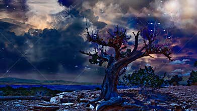 Old tree in arid rocky land