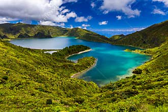Beautiful panoramic view of Lagoa do Fogo lake in Sao Miguel Island, Azores, Portugal. \"Lagoa do Fogo\" in SÃ£o Miguel Island,