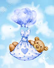 Cute  baby bear cartoon with balloons. Greeting card for baby boy