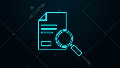 Glowing neon line Document with search icon isolated on black background. File and magnifying glass icon. Analytics
