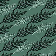 Outline black and white foliage branches ornament seamless pattern. Floral print with green background