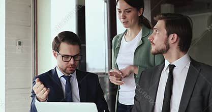 Young motivated woman asking for advices from ceo managers.