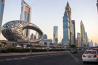 Main road of a United Arab Emirates, Shekh Zayed road. Shot taken in Dubai. Many of famous buildings can be seen as well as metro
