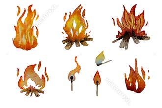 Fire and bonfire, match, burning match in cartoon style. . Watercolor