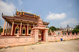 Wat Kaeo Phichit , Buddhist temple is pink color in Na Muang , Prachin Buri,Â Thailand