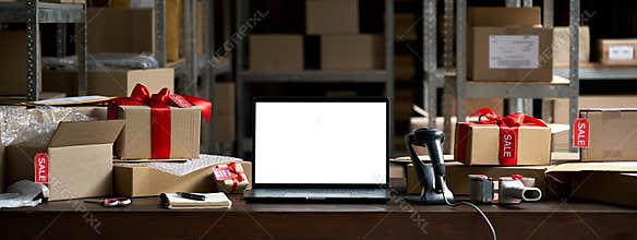 Table with boxes and mockup laptop screen. Online ecommerce sale, banner