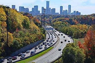 Urban freeway with fall colors
