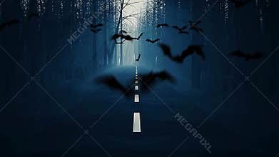 Scary dark winter forest road grave to castle spooky in night of moon light with flying group of bats 3D seamless animation.