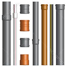 Set of various plastic pipes with connectors, vector illustration