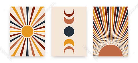 Abstract sun moon posters. Contemporary backgrounds, set of covers modern boho style. Mid century wall decor, vector art print