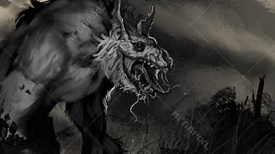 Animated painting of a frightening undead werewolf zombie creature - animated digital fantasy illustration