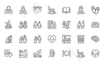 Senior people flat line icons set. Old man and woman exercising, active grandparents, wheelchair, alzheimer nursing home