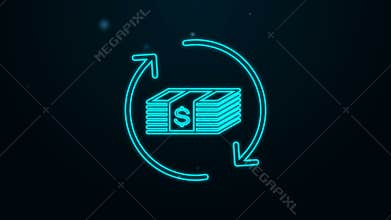 Glowing neon line Refund money icon isolated on black background. Financial services, cash back concept, money refund