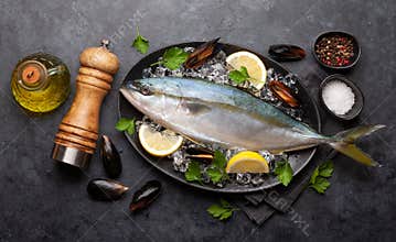 Raw fish cooking. Seafood and ingredients