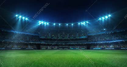 Lighting the empty grass playground before the game in the stadium full of fans