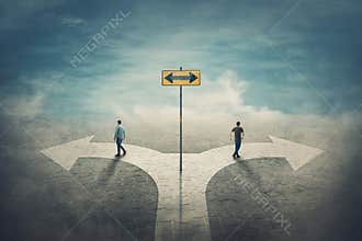 Two men change the common route going different roads. Split crossroad fork junction, people choose correct way. Signpost arrow