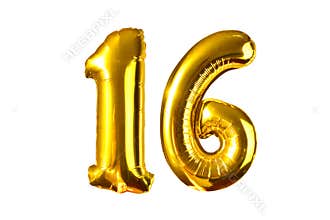 Happy 16 years old party with golden shiny inflatable balloons isolated
