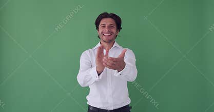 Excited businessman cheering and clapping over green screen