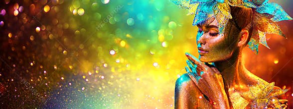 Golden Fashion model woman with bright golden sparkles on skin posing, fantasy flower, portrait of beautiful girl glowing makeup