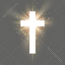 Shining white cross effect on transparent background. Shining saint cross. Riligious symbol. Easter and Christmas sign