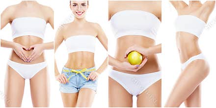 Sporty, fit and healthy female body in fitness collage. Young women in swimsuits isolated on white.
