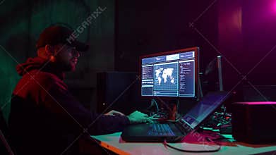 Internet fraud, darknet, data thief, cybercrime concept. Hacker attack on government server. Criminals coding virus