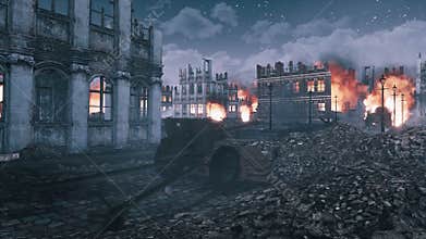 Destroyed burning city in ruins after World War 2
