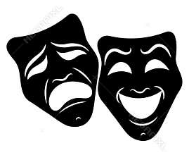 Theatre Masks. Drama and comedy. Illustration for the theater. Tragedy and comedy mask. Black white illustration. Tattoo