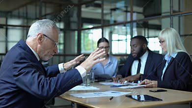 Furious boss getting mad listening arguing employees, emotional control, stress