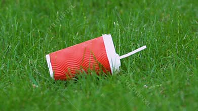 Plastic cup on grass in park, littering problem, human impact on environment