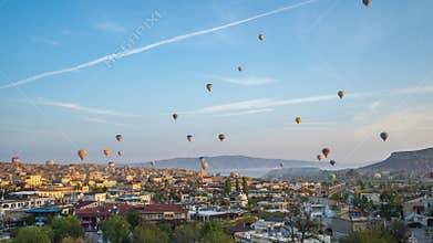 Cappadocia skyline with hoat air balloon in Goreme, Turkey