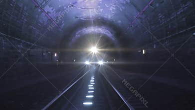 Bright train lights coming towards camera in a dark railway tunnel