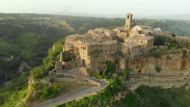 Aerial view of famous Civita di Bagnoregio town on summer evening