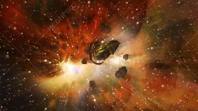 Spaceship escaping from worlds collision