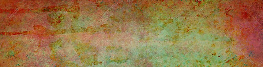Distressed grungy background with red borders and green center with old damaged grunge texture and watercolor paint drips drops an