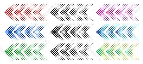 Halftone arrows. Color web arrow with dots. Colorful dotted moving forward and download symbols isolated vector set